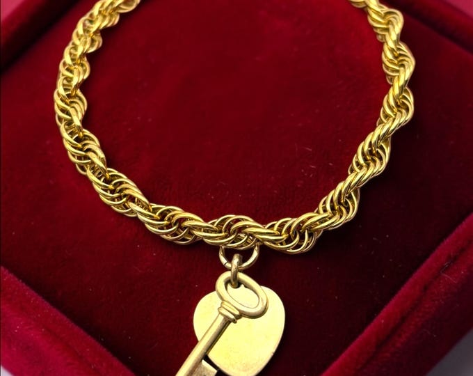 Vintage 12K Gold Filled Charm Bracelet – Heart Key, Rope Chain, 1960s Fashion Accessory