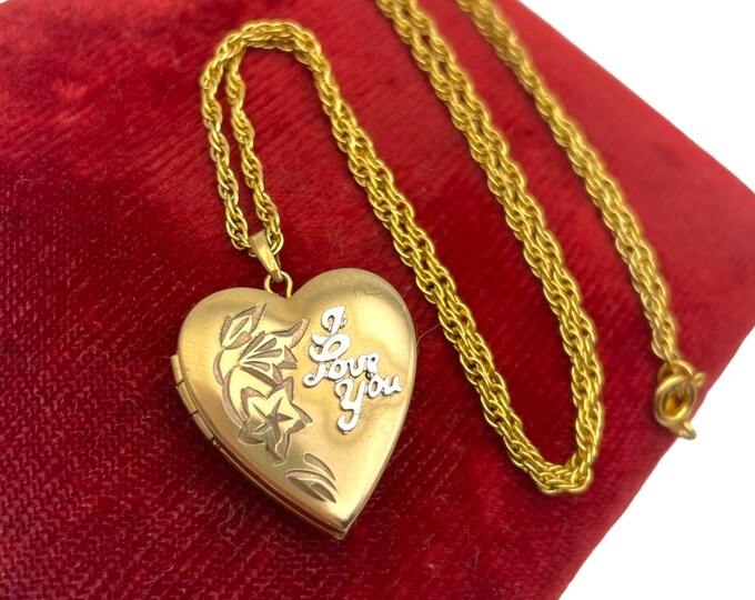 Vintage 14K Gold Filled "I Love You" Heart Locket Necklace - GF Etched Tru-Kay TK Hallmarked Pendant Photo Charm Jewelry Gift for Her Love
