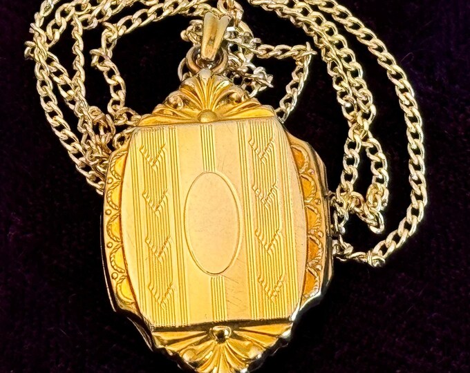 Vintage Gold Filled Hayward Locket - Shield w/ Ornate Frame & Cartouche - Floral w/ Etched Lines - Vintage WEH 2 Photo Pendant on GF Chain