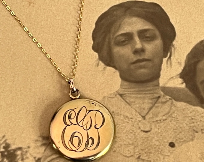 Antique Round Gold Filled Locket - Monogram EGP Photo Pendant Necklace - Edwardian Locket 14K GF Chain Early 1900s Edwardian Initial Jewelry