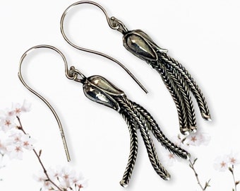 Vintage Sterling Silver Lily Bud Tassel Earrings - 14K Accents