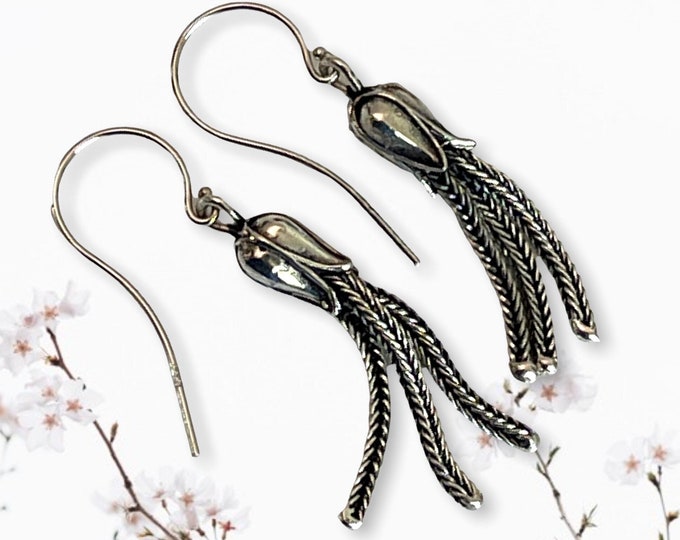 Vintage 14K White Gold & Sterling Silver Earrings - Flower Lily Buds w/ Tassels - Stamped Wire w/ 925 Floral Dangles - Estate Jewelry