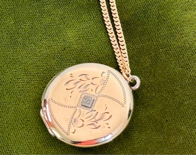 Vintage Gold Filled Round Locket Necklace - Etched Geometric & Florals w/ Diamond Chip - 2 Photo Wells Estate Jewelry ca Early to Mid 1900s