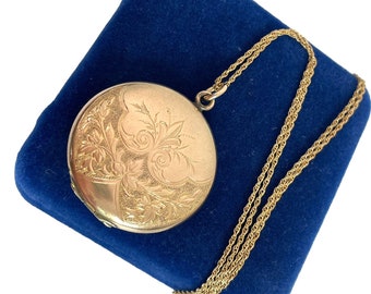 Vintage Gold Filled Round Photo Locket Pendant 14K GF Chain LARGE Victorian Necklace 2 Photo Edwardian 14K GF Floral Motif Long Chain