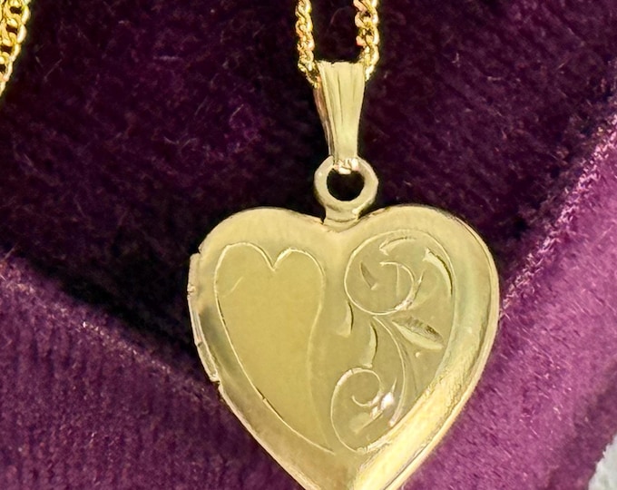 Vintage 12K Yellow Gold Filled Etched Heart Locket w/ JLY Monogram - Floral Flowers 14K GF Chain WEH Hallmark Retro 2 Photo Pendant Necklace