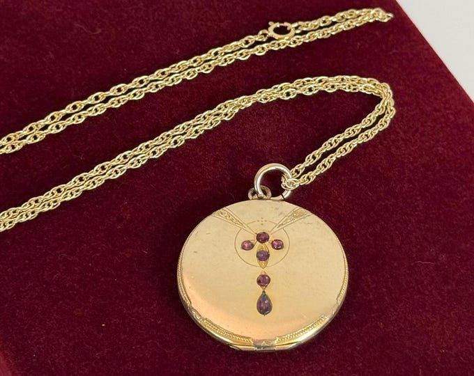 Art Nouveau Gold Plated Locket Necklace: Red Glass Gems, Photo Pendant, 14K GF Chain