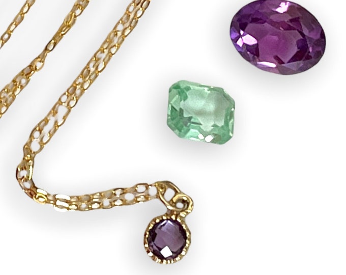 Vintage 14K Gold Amethyst Pendant Necklace: Petite Rose Cut Gem, 18" Gold Filled Chain