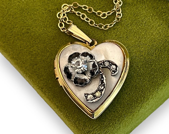 Vintage Gold Filled Heart Locket w/ Enamel Flower & Simulated Diamond on Mother of Pearl - 14K GF Chain - 2 Photo Necklace Estate Jewelry