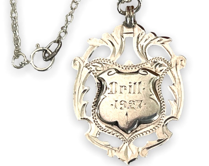Vintage Sterling Silver Medallion Pendant w/ English Hallmark 1927 on 925 Chain - England Drill Medal Necklace - Inscribed G Booth