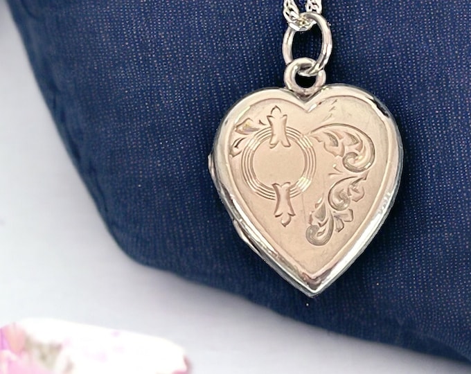 Vintage Sterling Silver Heart Locket Pendant Necklace - Retro Etched 2 Photo Wells  on 925 Twist Link Chain - Art Deco Style Estate Jewelry