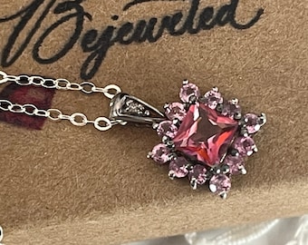 Collana vintage in argento sterling e zaffiri rosa con ciondolo a forma di balla di diamanti su catena 925 - Gioielli retrò immobiliari - Regalo Donna Ragazza