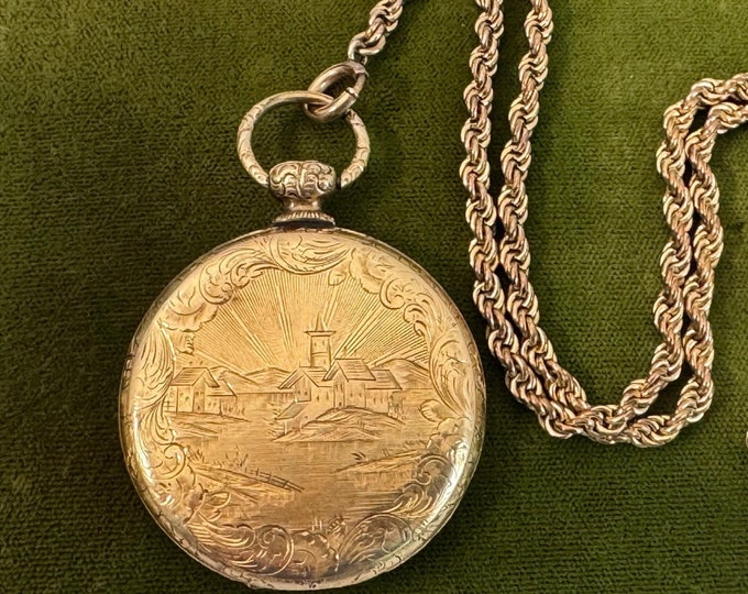 Antique Gold Plated Locket Necklace on Heavy GF Rope Chain - LARGE Etched Victorian Watch case Pendant 2 Daguerreotype Photos Engraved ELLA