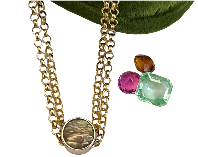 Antique Round Gold Filled Slide Lorgnette Necklace w/ Abalone on 14K GF Rolo Chain - Round Edwardian Pendant & Hallmarked Dog Chain Clasp