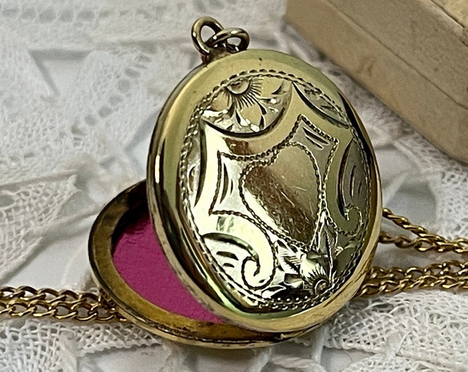 Vintage Round Gold Plated Etched Locket Pendant on 12K GF Curb Chain - Retro Estate Jewelry