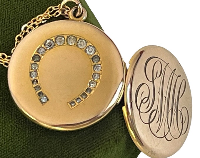 Antique Gold Filled Round Locket Necklace - F&B Hallmark - Etched Horseshoe w/ 21 Paste Stones SMC Monogram - 2 Photo Wells - Ca Early 1900s