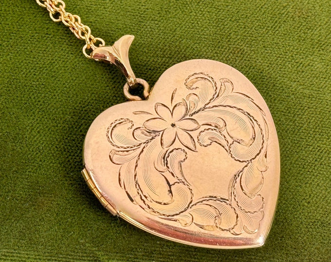 Vintage LARGE Heart 12K Gold Filled Locket Etched Flowers & Baromod Hallmark - 2 Photo Pendant Necklace 14K GF Chain - Retro Estate Jewelry