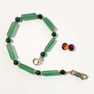 Vintage Aventurine Bead Bracelet - Retro 6 1/2" Long w/ 12K Gold Fill - Dainty Feminine Mid Century Jewelry Light & Dark Green Beads