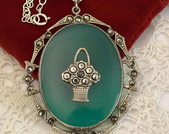 Vintage Ornate Czech Green Oval Glass Pendant Necklace w/ Marcasite Stones & Basket - Made in Czechoslovakia -Sterling Silver Chain Art Deco