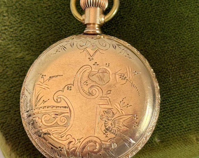 Antique Gold Filled Elgin Watch on 14K GF Chain - Round Etched Watch Case Pendant Necklace ca 1900s - Non Working Timepiece - Estate Jewelry