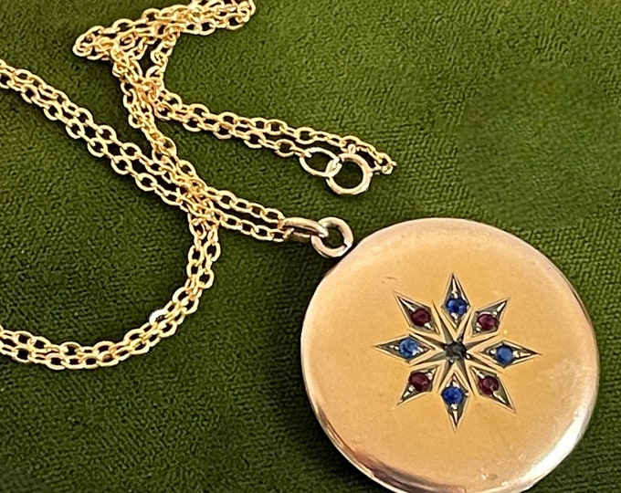 Antique Art Nouveau Round Gold Filled Locket w/ Red Blue Clear Paste & GEW Monogram - Hallmarked 2 Photo Wells 14K GF Chain - Ca Early 1900