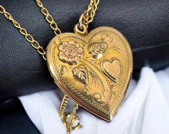 Vintage Gold Filled Etched Repousse Heart Locket Pendant w/ Stetson Hallmark on 14K GF Chain Necklace - Flower Floral Designs Estate Jewelry
