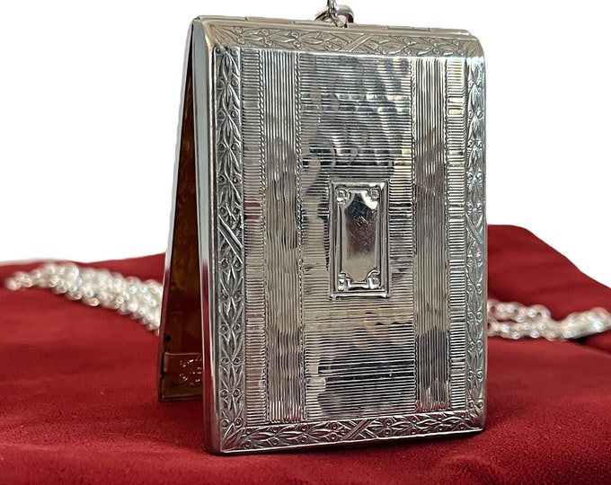 Antique Silver Plated Vesta Case Etched Stripes & Cartouche Art Deco - Vintage Match Safe Case Holder w/ Heavy Chain - Large Locket Necklace