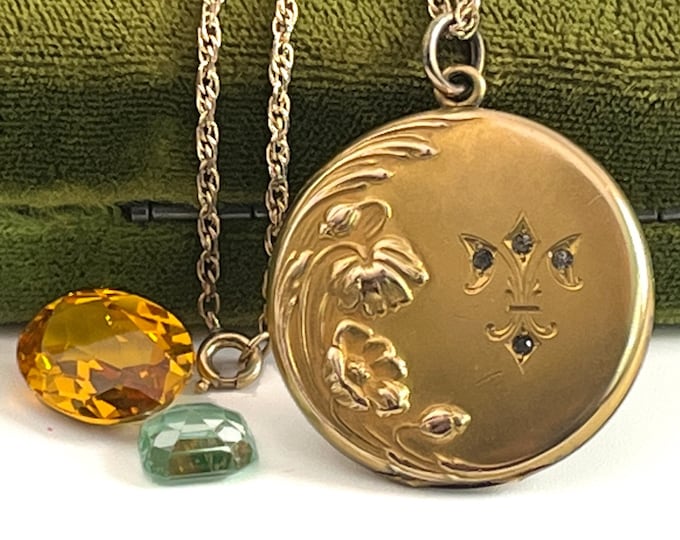 Art Nouveau Gold Filled Round Locket w/ Clear and Red Paste Stones - Vintage Pendant Necklace CQ&R Hallmark 2 Photo Wells - Estate Jewelry