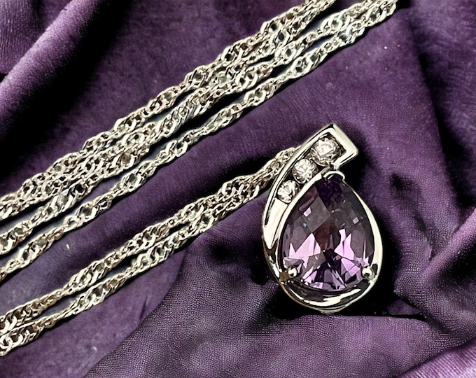 Vintage Sterling Silver & Sapphire Necklace on 925 Chain - Violet and White Gemstone Pendant on Twisted Link Chain - Estate Jewelry ca 1990s