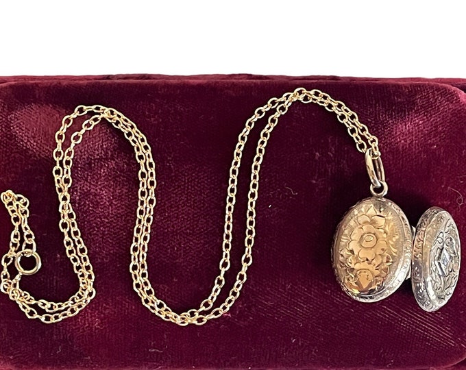 Victorian Mourning Locket: Etched Floral Design, Diamond Accent, 14K Gold Filled Chain