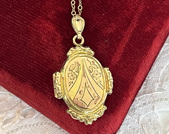 Vintage Gold Filled Locket on 14K GF Chain - Ornate Rectangle "Timeworn Treasure"  - 2 Photo Wells - Bliss Bros Mark Necklace ca Early 1900s