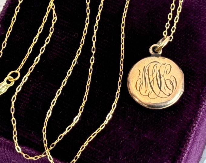 Vintage Petite Gold Filled Locket w/ MAK Monogram - Engraved Tiny Round Pendant on 14K GF Chain - 2 Photo Wells F&B Hallmark Estate Jewelry