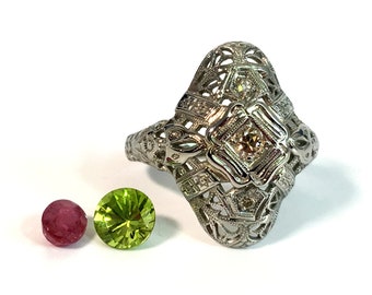 Edwardian 18K White Gold Diamond Art Deco Shield Ring - Cocktail Ring w/ Ornate Filigree & 3 Diamonds - Antique Estate Jewelry