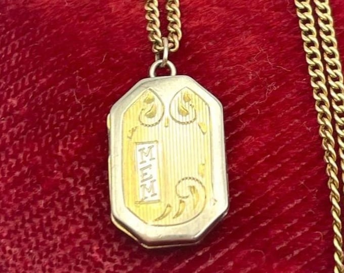 Antique Etched 10K Gold Locket - White / Yellow Gold Petite Small Monogrammed MEM Rectangular Pendant Necklace Vintage Tiny Child Sweetheart