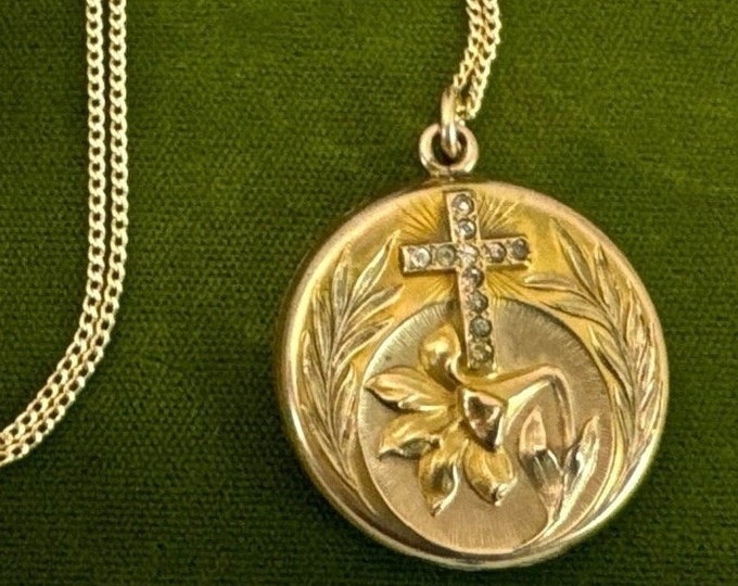 Antique Gold Filled Round Locket w/ Paste Stones on 14K GF Chain - Religious Cross Vintage W&H Co Hallmark 2 Photo Pendant Estate Jewelry