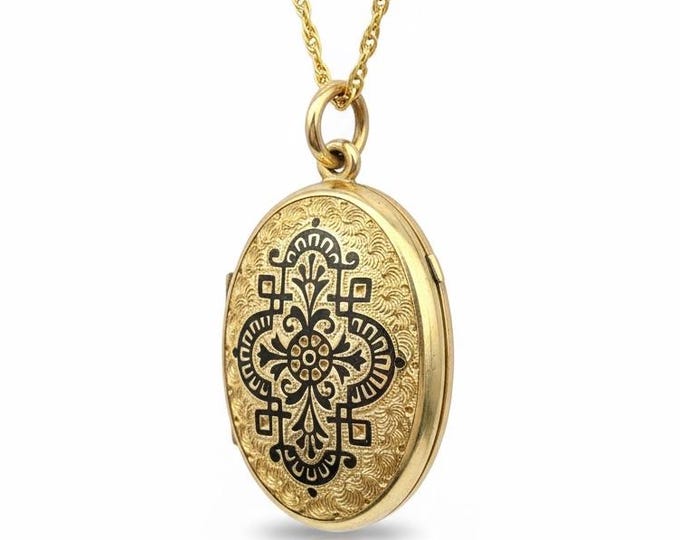 Victorian Gold Filled Locket Necklace - Black Enamel Mourning Pendant