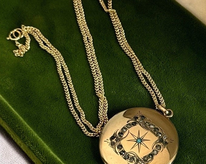 Antique Gold Filled Etched Locket w/ Paste Gems on 14K GF Chain - Large Vintage Necklace EEN Monogram  - 2 Photo SKM Hallmark Estate Jewelry