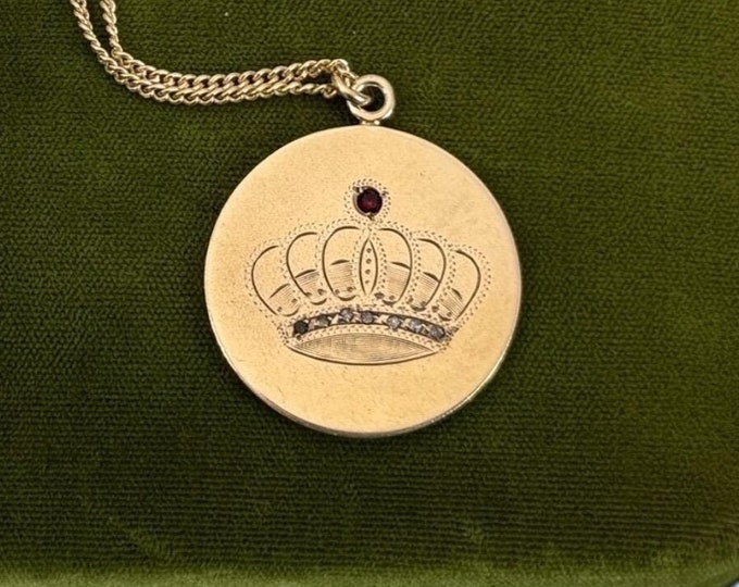 Vintage 12K Gold Filled Round Large Pendant Engraved ER on 14K Chain - Red & Clear Paste Gems on Crown - JF Sturdy Hallmark - Estate Jewelry
