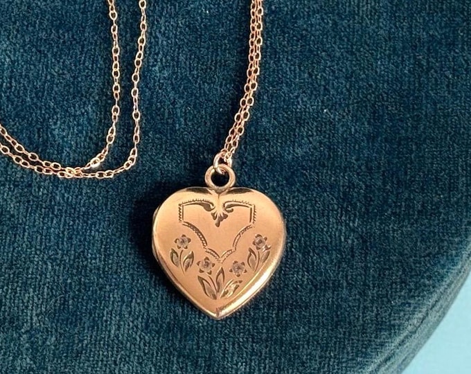 Vintage Rose Gold Filled Heart Locket Necklace: Etched Floral Pendant, 14K GF Chain