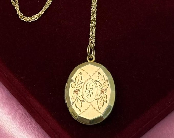 Vintage 12K Gold Filled Locket Necklace: Etched Floral, 'OF' Monogram, 2 Photo Pendant