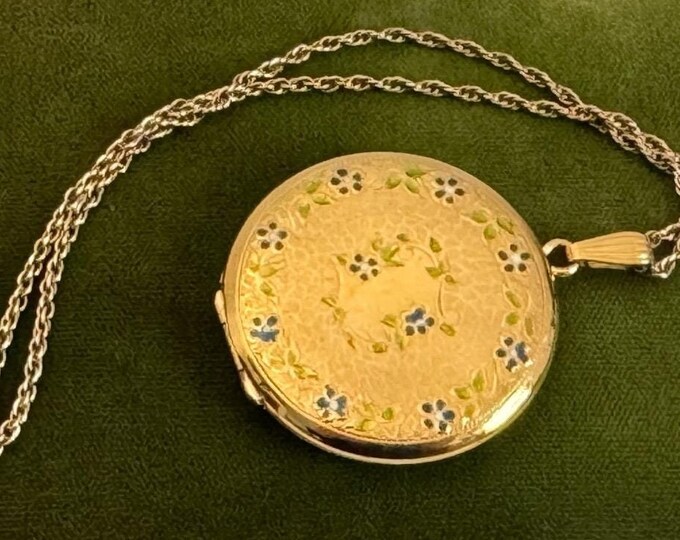 Vintage Etched Enameled 12K Gold Filled Round Locket w/ Blue & Green Flowers - Van Dell Hallmark - Large 2 Photo Well Necklace GF Rope Chain