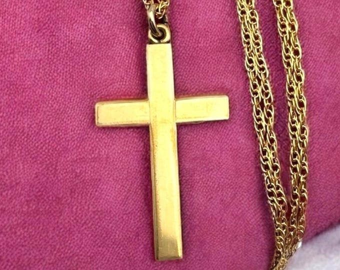 Vintage Gold Filled Cross - Large Minimalist Necklace by Burkhardt 14K GF Chain 1950s Retro Religious Christian Pendant Jewelry Gift for Her