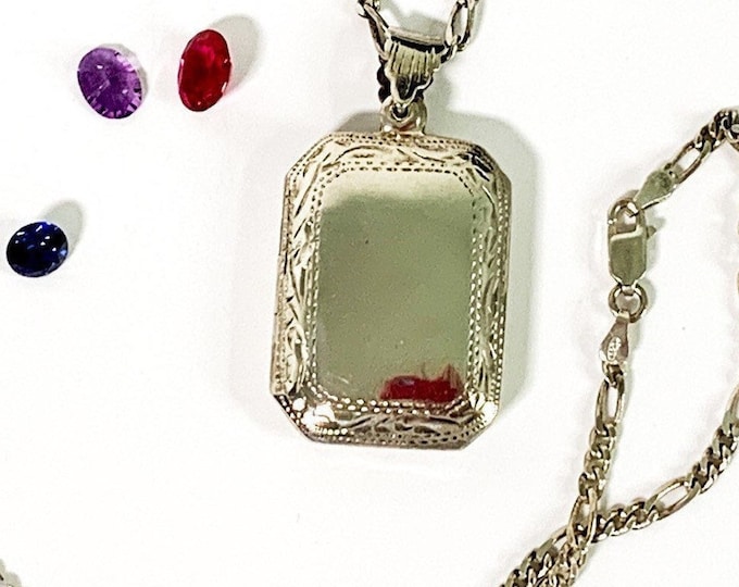 Large Rectangular Sterling Silver Locket Necklace on Long Heavy Figaro Chain - Etched Feathery Design Vintage Retro Photo Pendant 925 -
