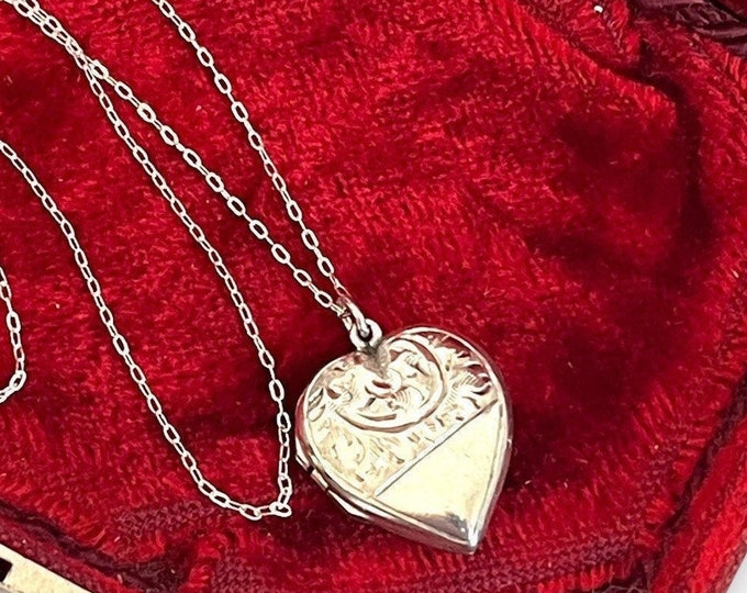 Vintage Sterling Silver Heart Locket Pendant Necklace - Retro 925 Etched Chased 2 Photo Wells  - Silver Chain - Mid century Estate Jewelry