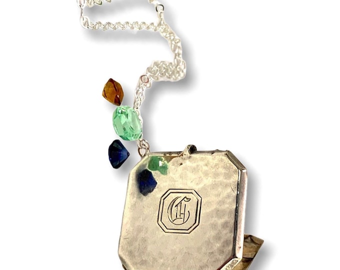 Vintage Art Deco Sterling Silver Locket Necklace: Engraved C Monogram, 1920s Jewelry