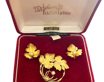 Vintage 12K Gold Filled Leaf Brooch Earrings Set Cultured Pearls CR CO Mid Century
