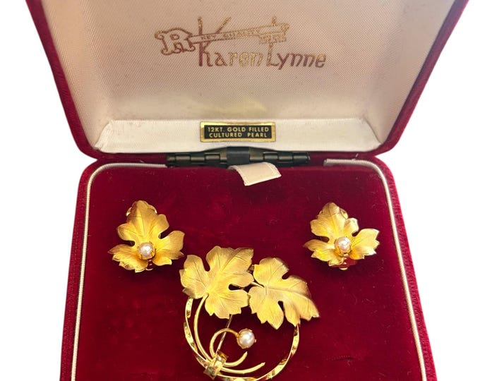 Vintage 12K Gold Filled Leaf Brooch Earrings Set Cultured Pearls CR CO Mid Century