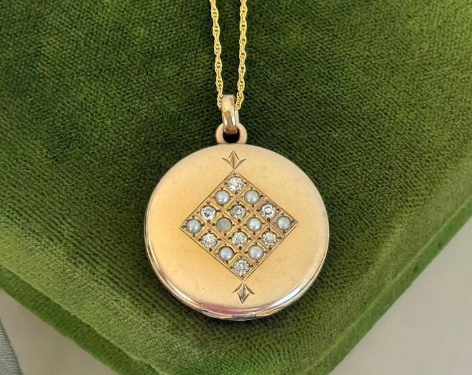 Art Deco Locket Necklace - Antique 14K Gold Filled Chain, Seed Pearls, B&B