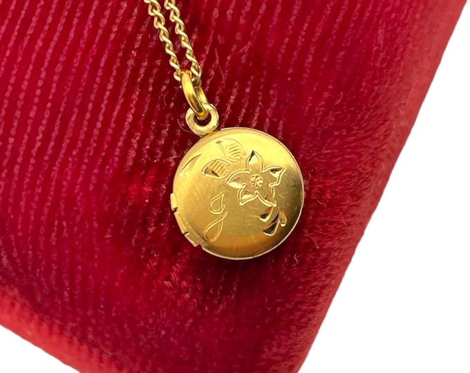 Vintage Small Gold Filled Locket - Petite Circle Necklace J Monogram Engraved Flower on 12K GF Chain Gift for Her Girl Jewelry Photo Pendant