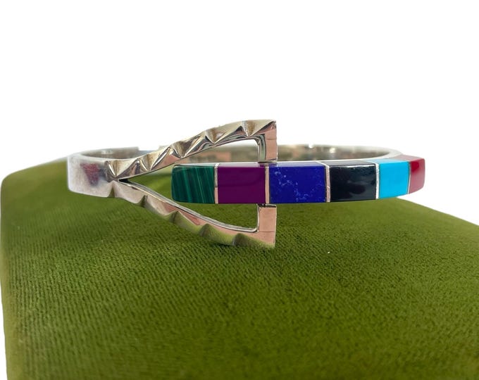 Vintage Sterling Silver Bracelet Inlaid Stones - Multi Stone Hinged Bangle - Modern Buckle Mexico City - 925 Zuni Mexican Statement Jewelry