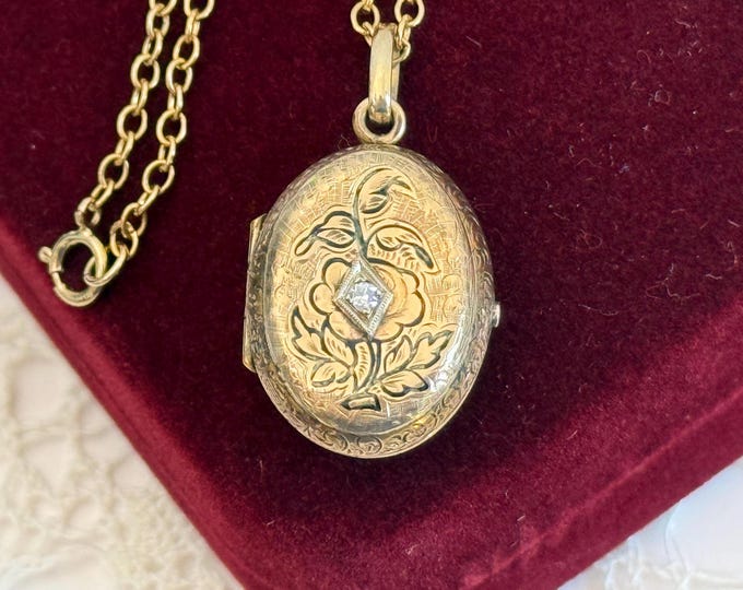 Victorian Mourning Locket: Etched Floral Design, Diamond Accent, 14K Gold Filled Chain
